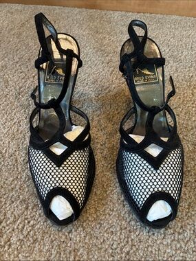 Reed Evins Black Mesh Suede-Strap Peep-Toe Heels with Ankle Wrap